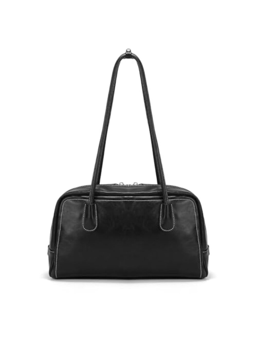Vegan Leather Bowling Shoulder Bag with Double Zipper - Adjustable Crossbody